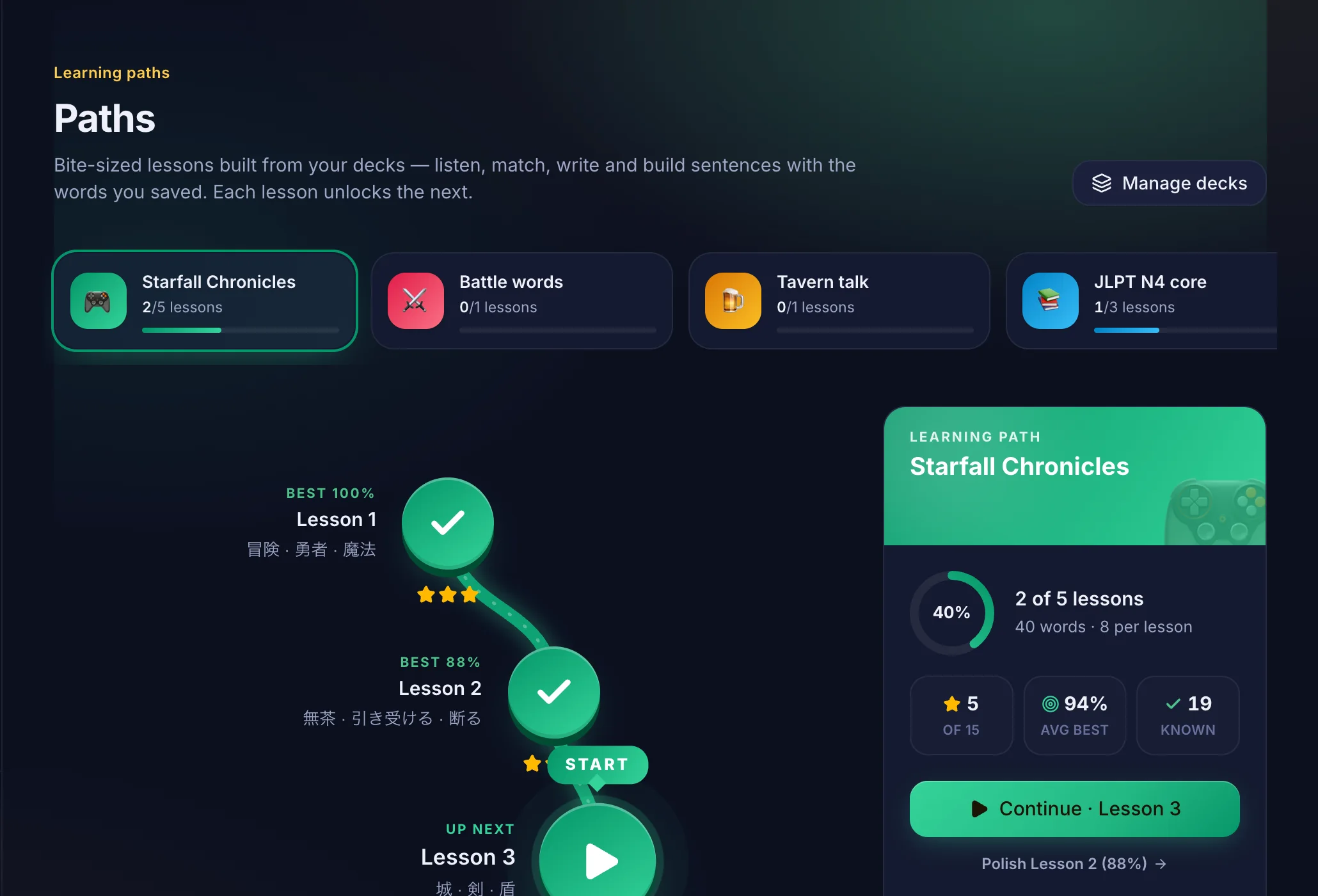 A learning path with completed lessons and the next lesson